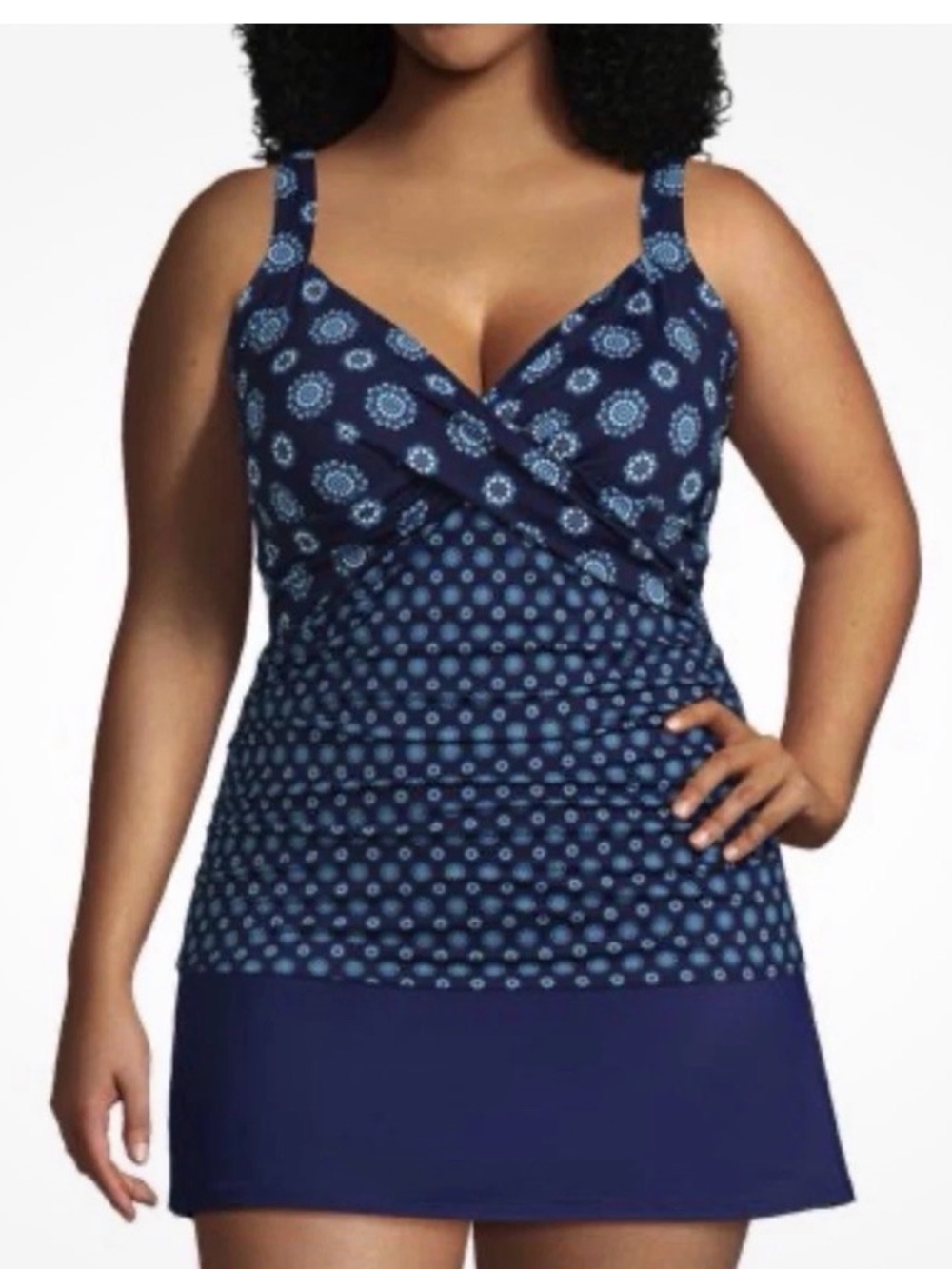 Lands' End Navy Blue Patterned One-Piece Swim Dress